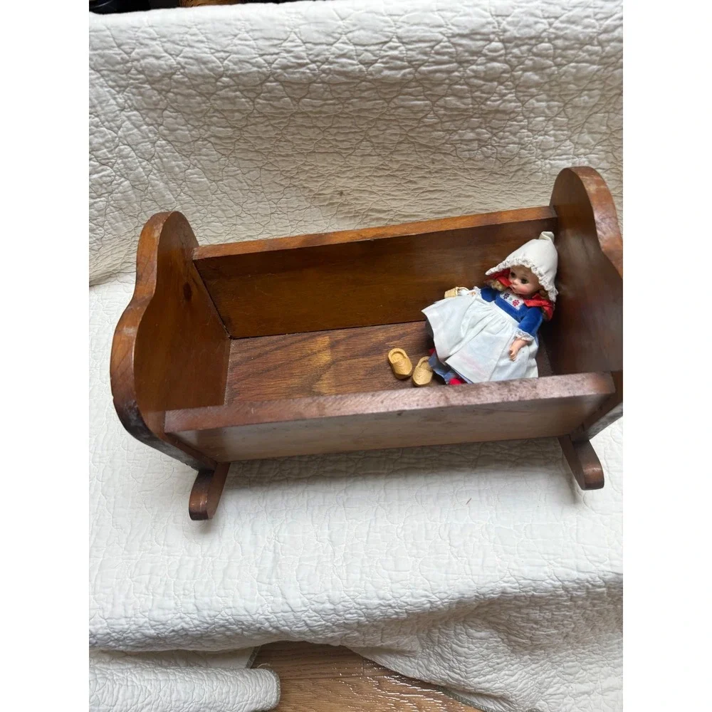 Vintage Handmade Wooden Doll Cradle Brown Natural Wood 12in